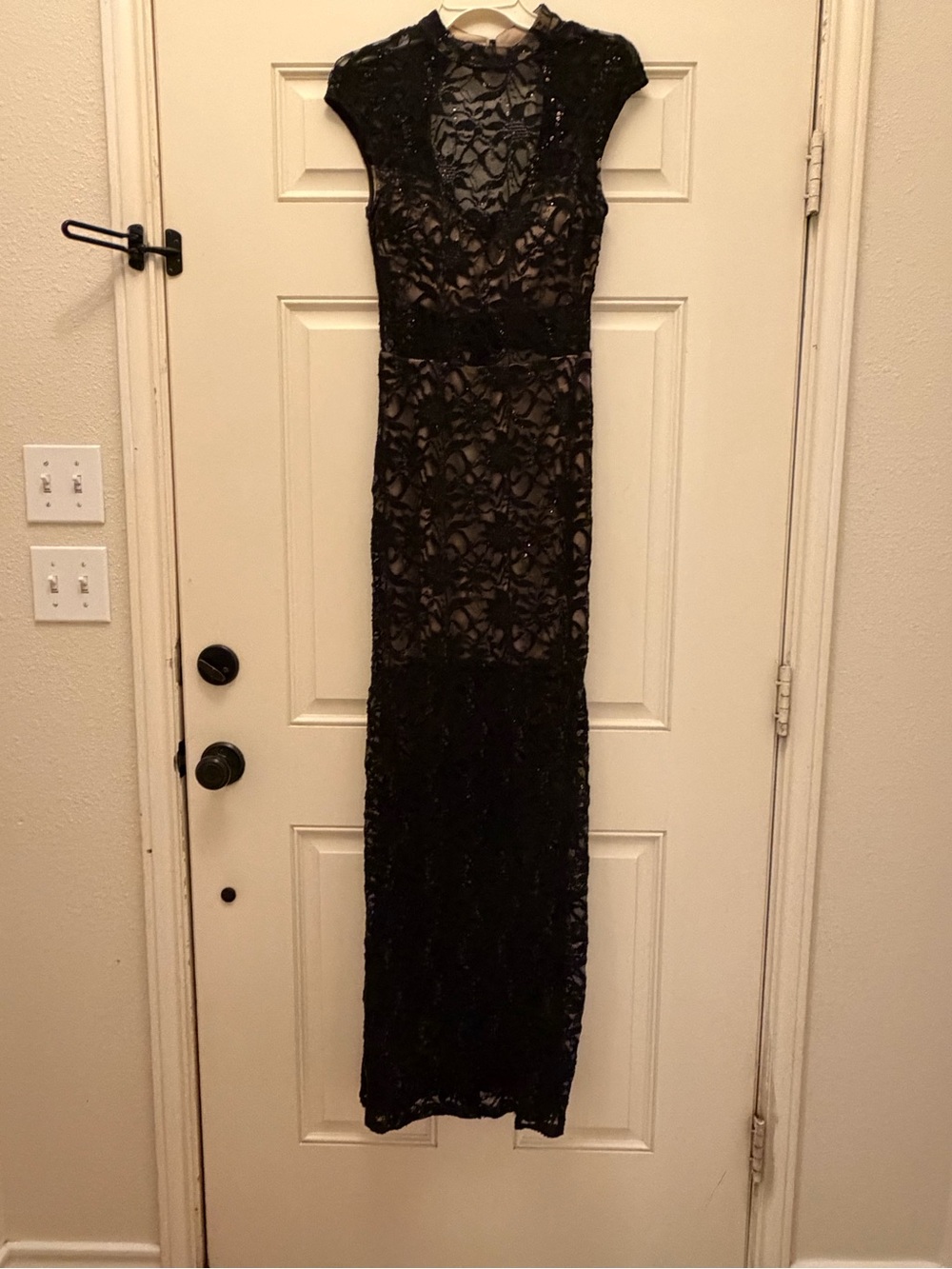 Elegant Black Lace Evening Gown with Nude 2pc Lining - Women's Dress